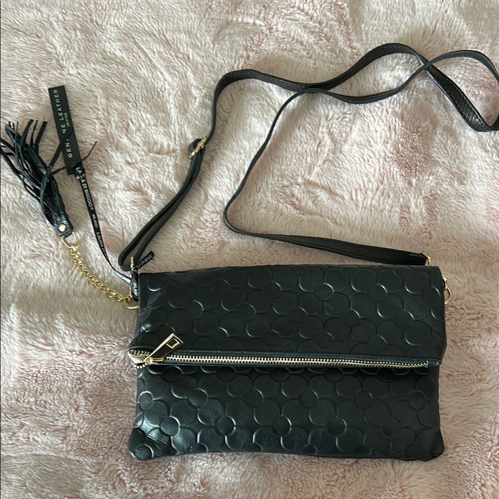 Leather Black Crossbody Bag with Embossed Pattern
